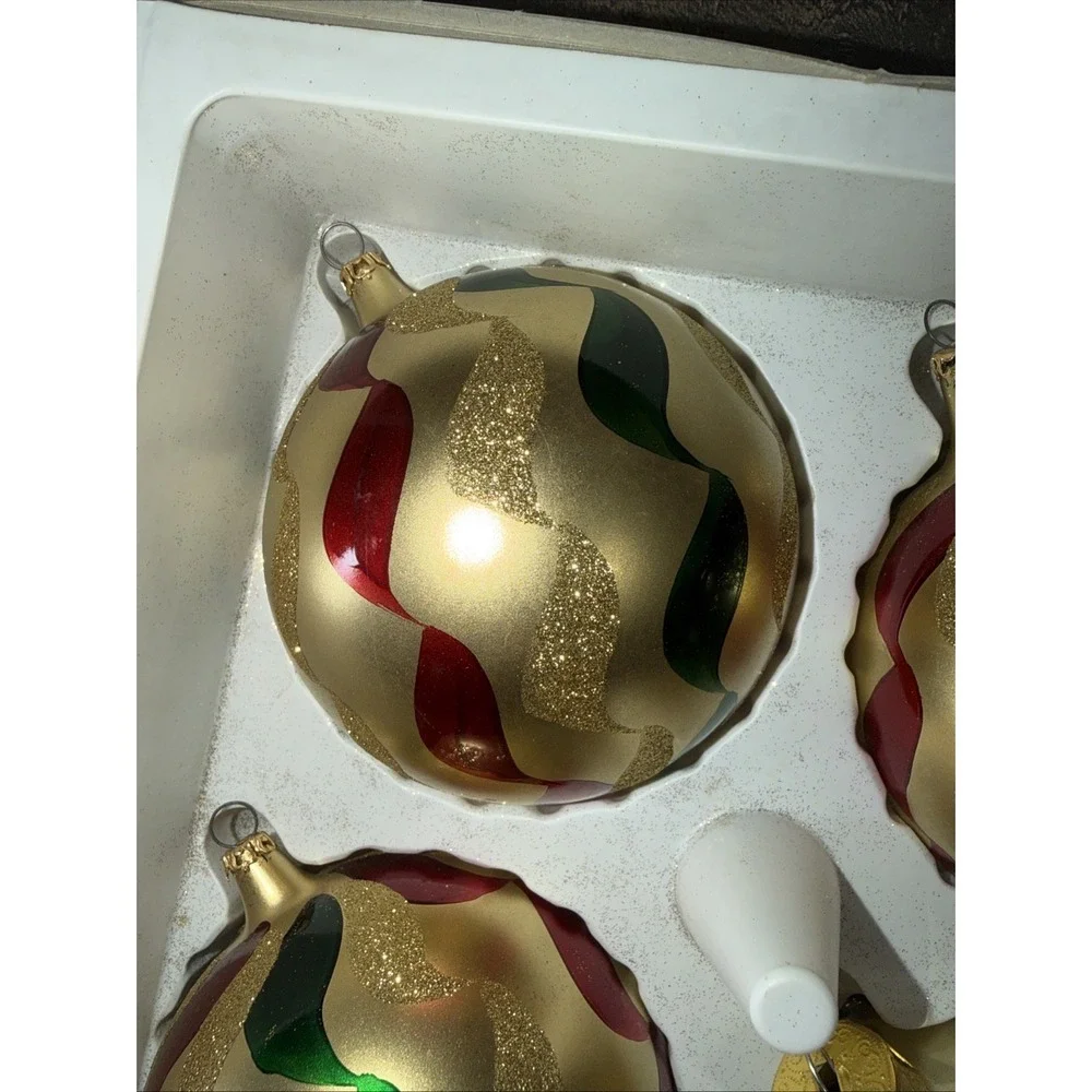 Vintage Italian Glass Christmas 5 Ornaments Bon Marche Gold Glitter 1 Leaf Black